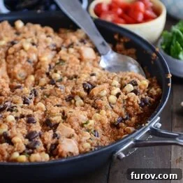 A close-up of the delicious 30-Minute Quinoa Enchilada Skillet meal in a pan, ready to be served.
