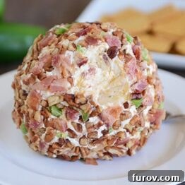 A close-up of the delicious Bacon Jalapeno Popper Cheeseball, showcasing its rich texture and toppings.