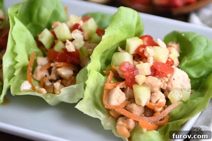 Top down view of lettuce leaves full of a chicken vegetable mixture on a white plate.