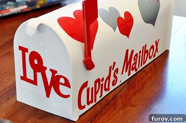 Golden Garlic Fontina Spaghetti Bake 4 A white mailbox decorated with Valentine's Day stickers and text that reads 'Cupid's Mailbox' on the side.