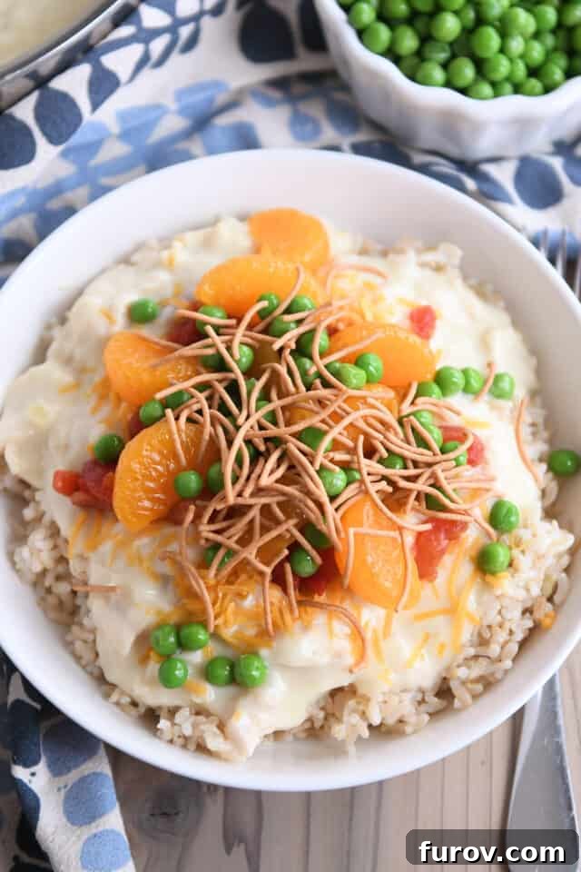 White bowl with brown rice, Hawaiian Haystacks gravy, mandarin oranges, chow mein noodles and peas. A visually appealing and ready-to-eat meal.