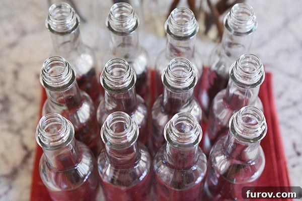 Top view of twelve glass bottles with vanilla beans inside.