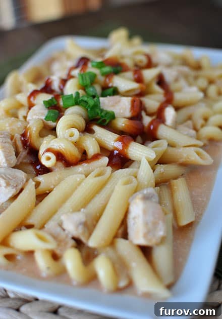 Smoky BBQ Chicken Pasta 2 Tender tube pasta with succulent pieces of BBQ chicken, generously coated in a creamy, smoky sauce.