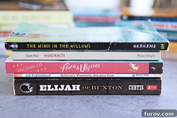 Unleash Imagination: Our Favorite Summer Reads for Kids 8 Several stacks of well-loved books on a kitchen counter, ready for reading.