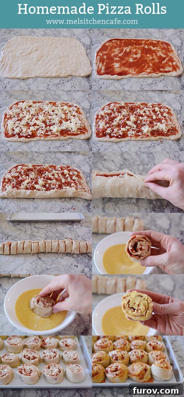 A step-by-step image guide illustrating the process of making homemade pizza rolls, from spreading toppings to rolling and slicing the dough.