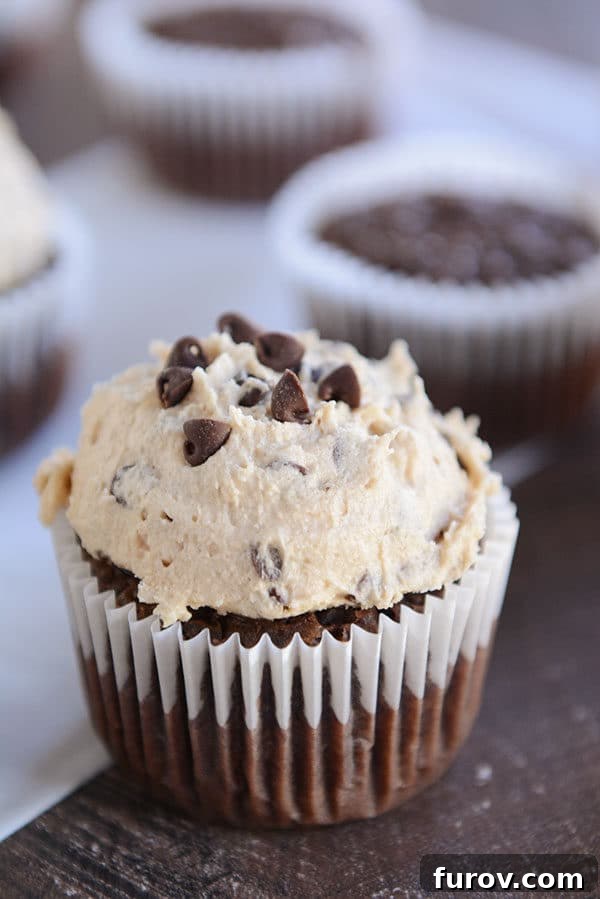Double Fudge Brownie Cupcakes 5 A chocolate cupcake with a heaping scoop of cookie dough frosting on top, ready to be enjoyed.