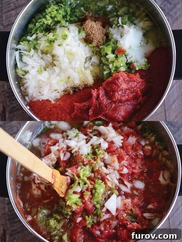Perfectly Crafted Homemade Salsa 7 Homemade salsa ingredients in a large sauce pot getting stirred, indicating the cooking process is underway.
