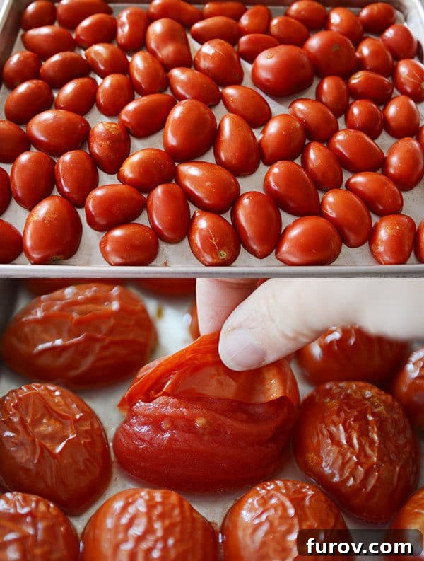 Perfectly Crafted Homemade Salsa 4 A baking sheet filled with fresh cherry tomatoes ready for roasting, alongside another baking sheet with perfectly roasted and slightly charred cherry tomatoes.