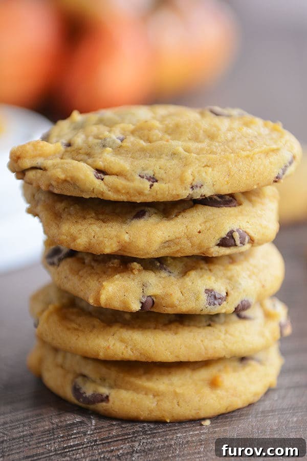 Five soft and chewy pumpkin chocolate chip cookies stacked on top of each other, showcasing their perfect texture for fall baking.
