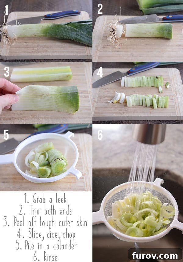 Step-by-step pictures of how to cut up a fresh leek, from trimming to slicing and rinsing.