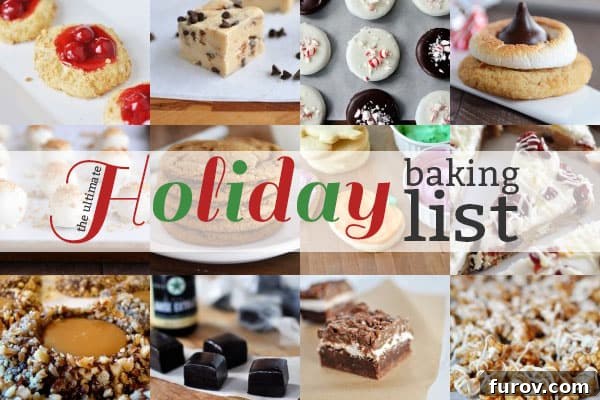 A vibrant collage showcasing an array of popular Christmas dessert recipes, with 'Holiday Baking List' prominently displayed in the center, inviting viewers to explore festive sweet treats.