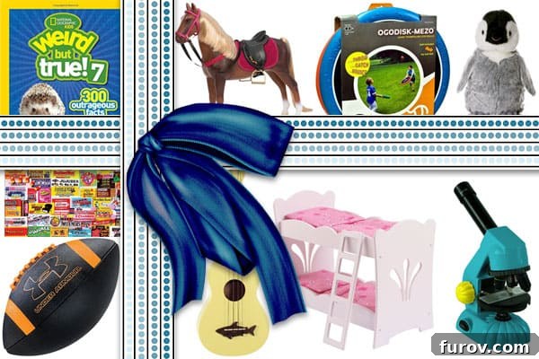 A vibrant collage of popular children's toys and games, adorned with a festive digital bow, representing the joy of gift-giving for various age groups.