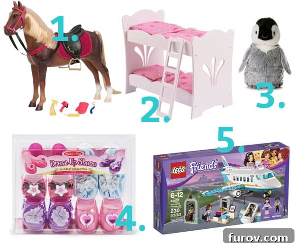 A collection of girl-focused toys, including a horse, doll bunk beds, and stuffed animals, suggesting gentle, imaginative play.