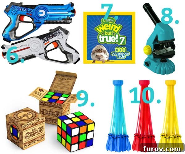 A dynamic image featuring active toys for boys, including laser tag guns, a soccer trainer, and an OGO sport disc, promoting energetic outdoor play.