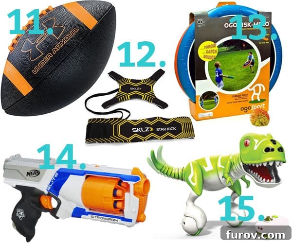 A collage of boys' active toys, including a football, a soccer trainer, and an OGO sport disc, emphasizing outdoor and interactive play.