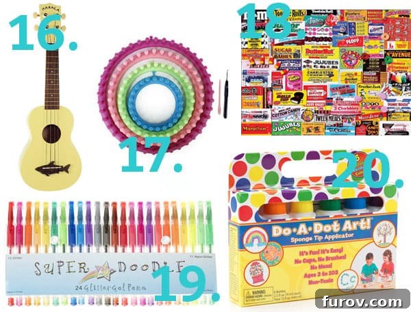 A collage of creative and educational gifts for children, including ukuleles, circle looms, a puzzle, and art supplies, promoting learning and artistic expression.