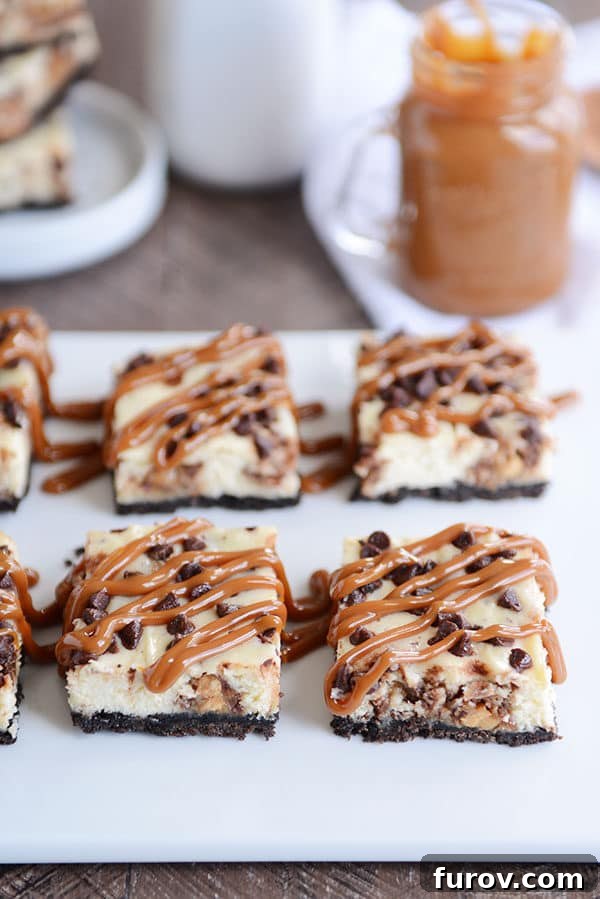 Snickers Oreo cheesecake bars generously topped with miniature chocolate chips and a glistening caramel drizzle, artfully arranged on a pristine white serving platter.