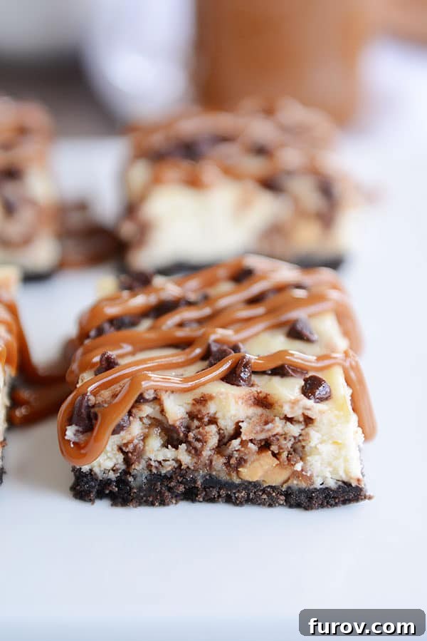 Perfectly cut squares of caramel drizzled chocolate chip cheesecake bars with a visible Oreo crust, neatly arranged on a clean white countertop.