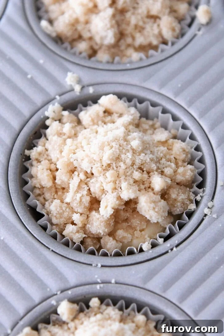 Top down view of muffin batter in a muffin tin. The muffin is covered with a crumb topping.