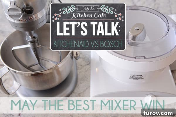 KitchenAid and Bosch stand mixers positioned side-by-side on a kitchen counter, with the caption 'May the best mixer win' at the bottom.