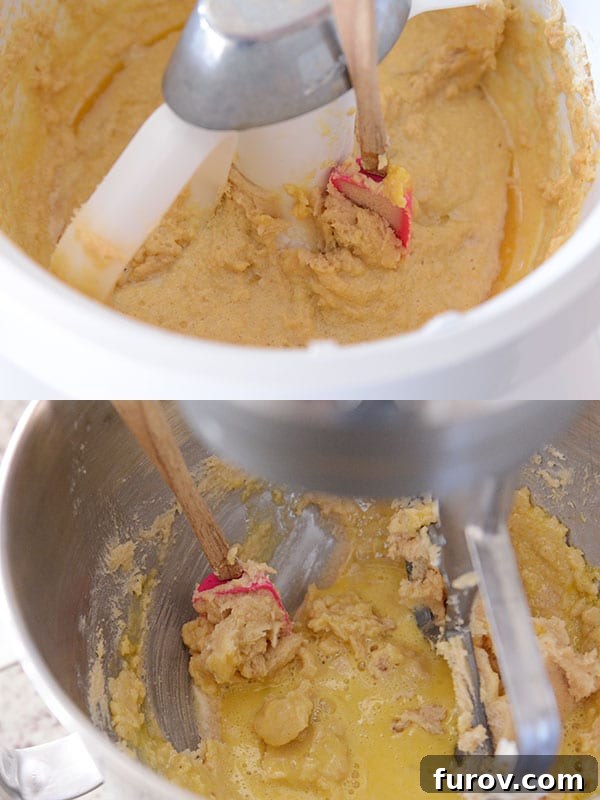 The initial stages of cookie dough preparation in both a Bosch and a KitchenAid bowl, showing butter and sugar creaming.