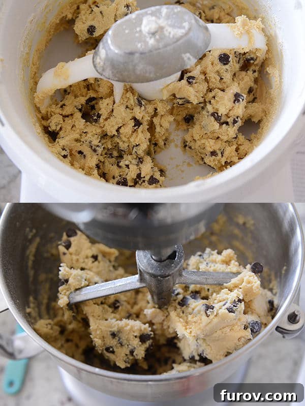Finished chocolate chip cookie dough mixing gracefully in both the Bosch and KitchenAid mixer bowls, demonstrating their overall mixing capabilities.