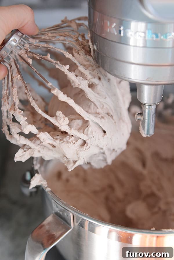 A whisk attachment from a KitchenAid mixer gracefully lifts, covered in perfectly whipped chocolate frosting, above its mixing bowl.