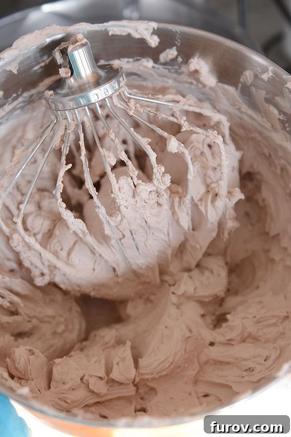 A beautifully whipped chocolate frosting sits in a metal KitchenAid bowl, with the whisk attachment resting gently on top, highlighting the mixer's elegance.