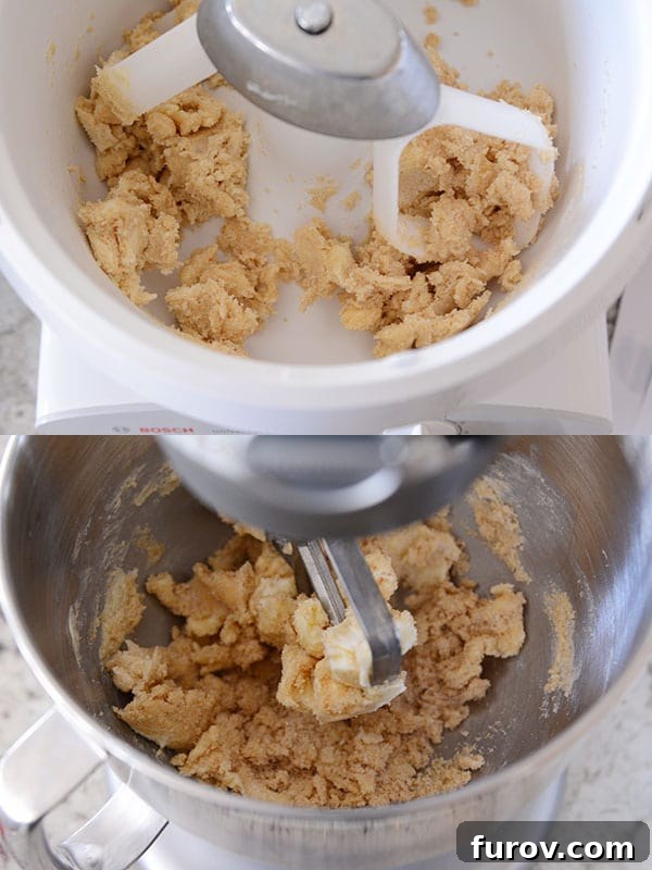 Side-by-side comparison of cookie dough mixing in a Bosch mixer bowl and a KitchenAid mixer bowl, showing different stages of ingredient incorporation.