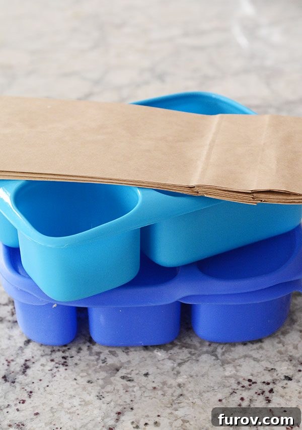 Two blue bento boxes with paper bags on top, ready for healthy and varied school lunches.