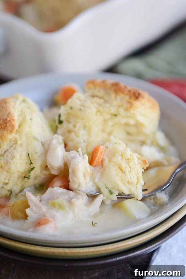 The Perfect Chicken or Turkey Pot Pie 10 Biscuit-topped chicken pot pie in a white bowl.