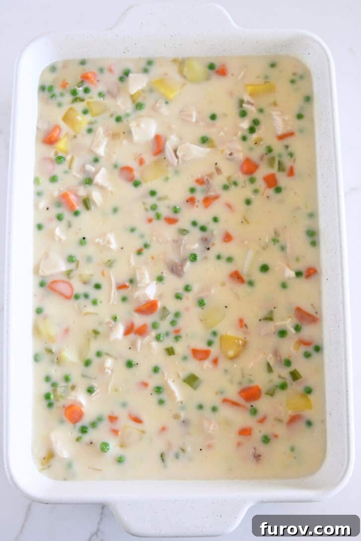 The Perfect Chicken or Turkey Pot Pie 5 White 9X13-inch pan with chicken pot pie filling.