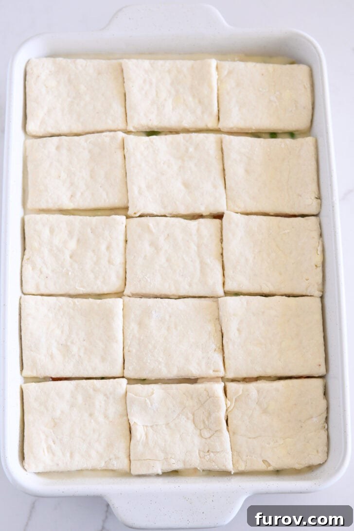 The Perfect Chicken or Turkey Pot Pie 6 White 9X13-inch pan with chicken pot pie filling topped with unbaked square biscuits.