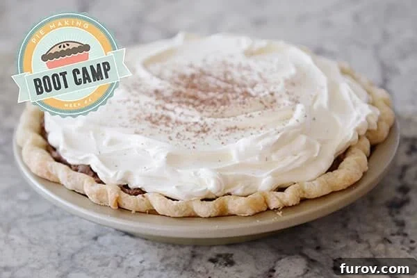 A whipped cream and cocoa dusted chocolate pie.