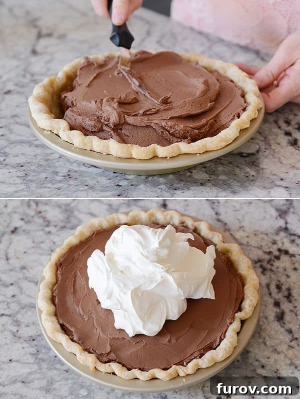 Two pictures: one showing chocolate getting put into a pie and the other showing whipped cream on top.