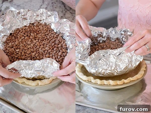 Side by side pictures showing how to blind bake a pie crust with tinfoil and dry pinto beans in the shell. 