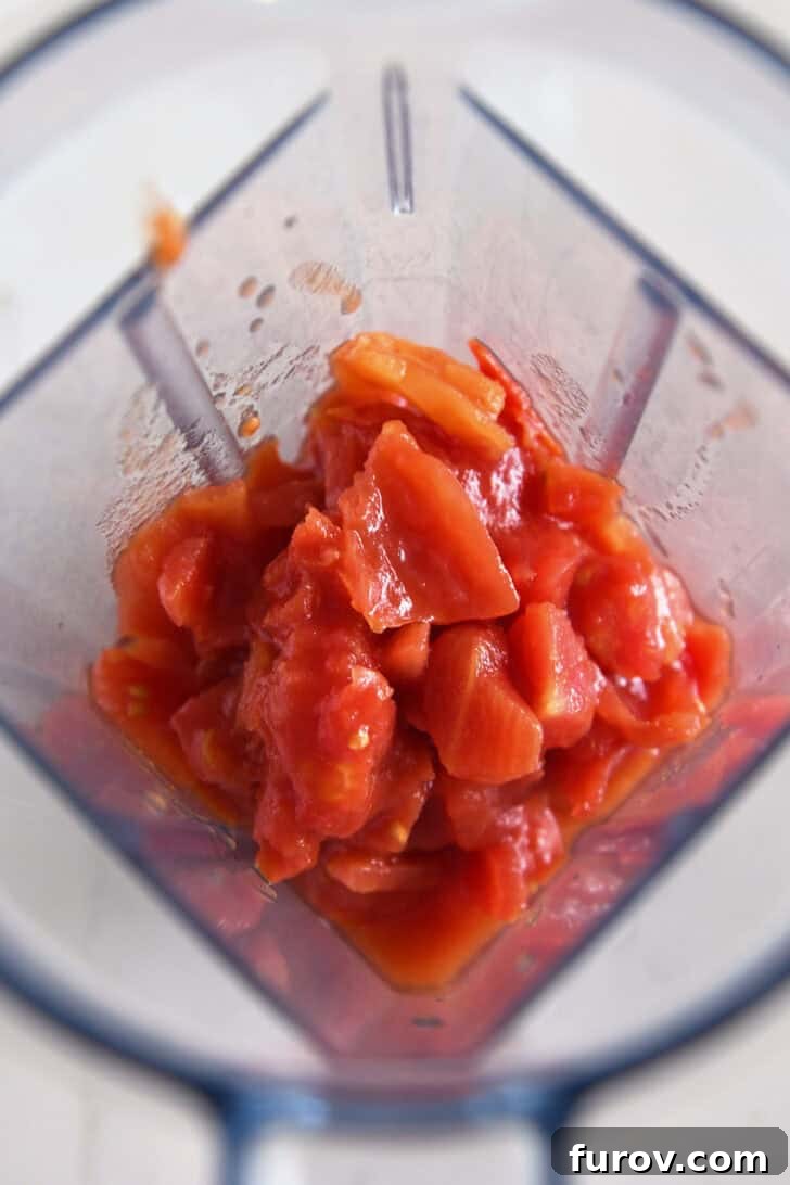 Top down view of blender with diced tomatoes.