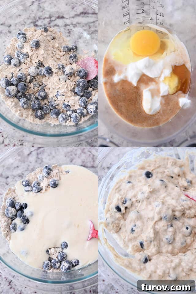 Step-by-step images showing the process of mixing ingredients for healthy yogurt oat blueberry muffin batter.