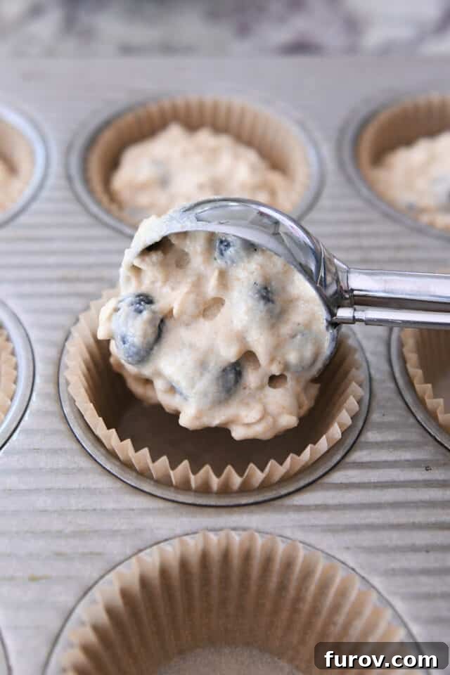 A scoop of healthy yogurt oat blueberry muffin batter being portioned into a lined muffin tin.