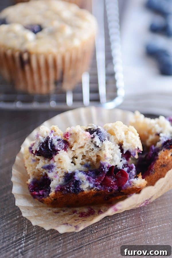 A healthy yogurt oat blueberry muffin split in half, revealing its moist interior and plump blueberries.