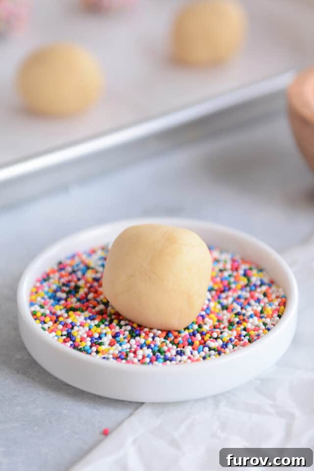 Effortless Soft and Chewy Drop Sugar Cookies 4 Sugar cookie dough ball nestled in a tray of colorful non-pareil sprinkles.