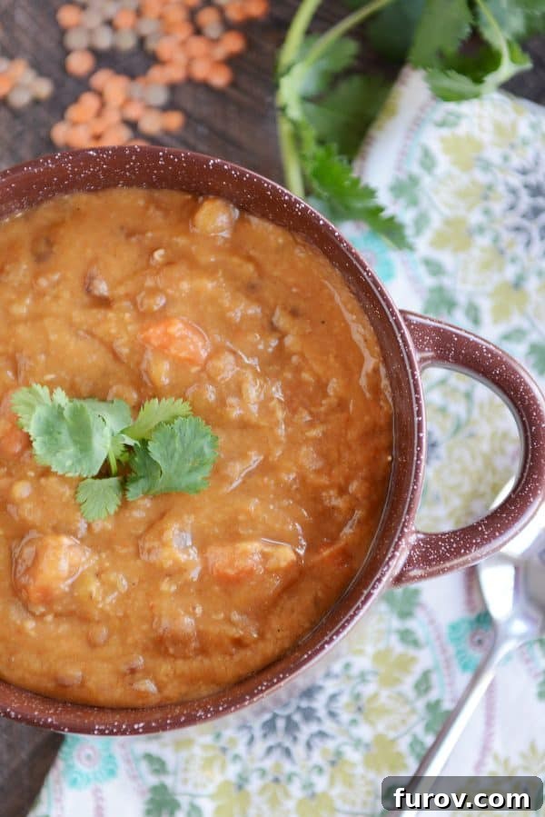 A beautifully presented bowl of creamy lemon lentil soup, viewed from the top, ready to be enjoyed.