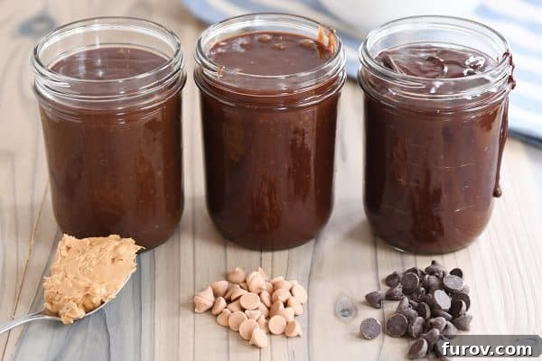 Three glass jars of 5-minute hot fudge sauce, showcasing the classic, peanut butter, and butterscotch variations side-by-side, ready for serving.