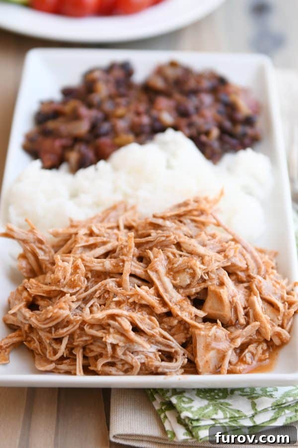 Instant pot Mexican pork on white tray with rice and beans.