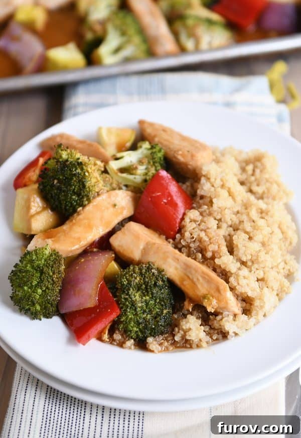 Plated teriyaki chicken and vegetables with quinoa.