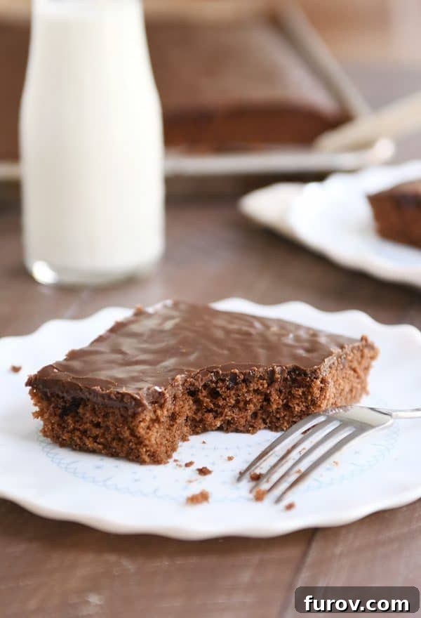 Slice of Texas sheet cake on white plate with fork. A tantalizing serving of the best chocolate sheet cake.