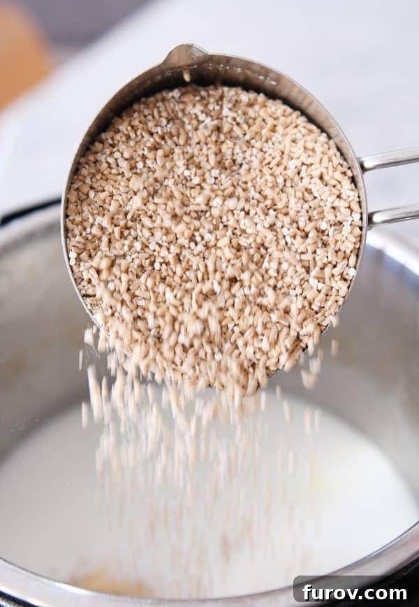 Comforting Instant Pot Banana Bread Steel Cut Oats 4 Steel cut oats being poured into an Instant Pot.