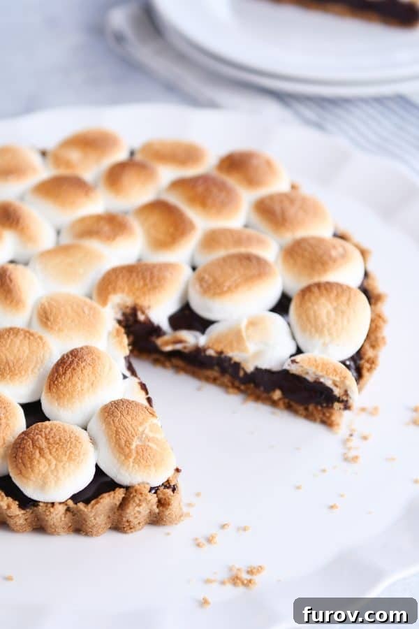 A slice taken out of a full s'mores pie on a pristine white platter, showcasing the distinct layers of graham cracker crust, chocolate ganache, and toasted marshmallows.