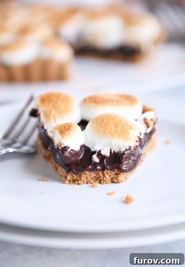 A beautiful slice of s'mores pie, showing the gooey toasted marshmallow topping, rich chocolate ganache, and crisp graham cracker crust, ready to be enjoyed.
