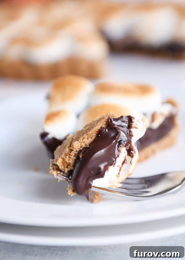 A fork taking a bite out of a slice of s'mores pie, highlighting the gooey marshmallow and rich chocolate.